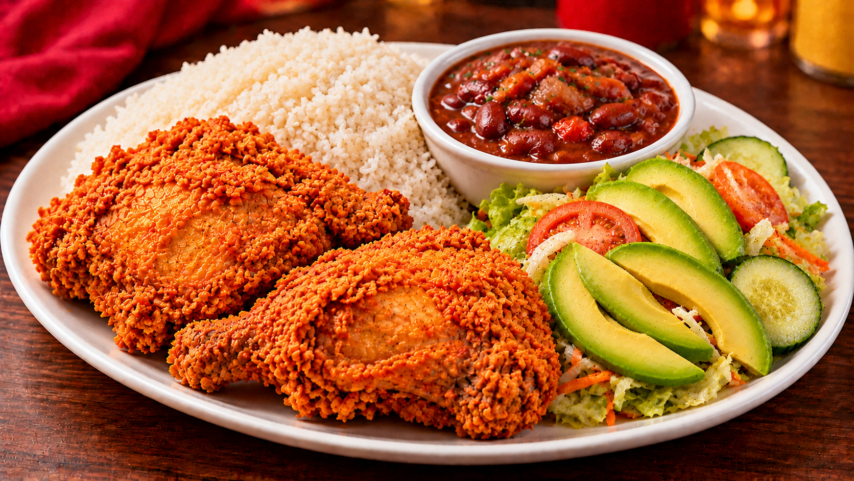 fried chicken with white rice, beans and salad