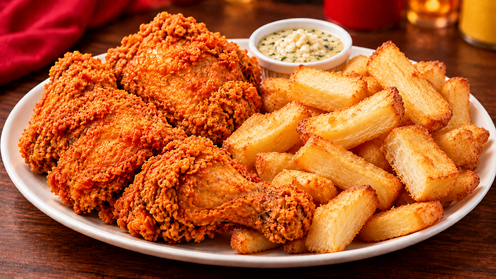 fried chicken with fries yuca